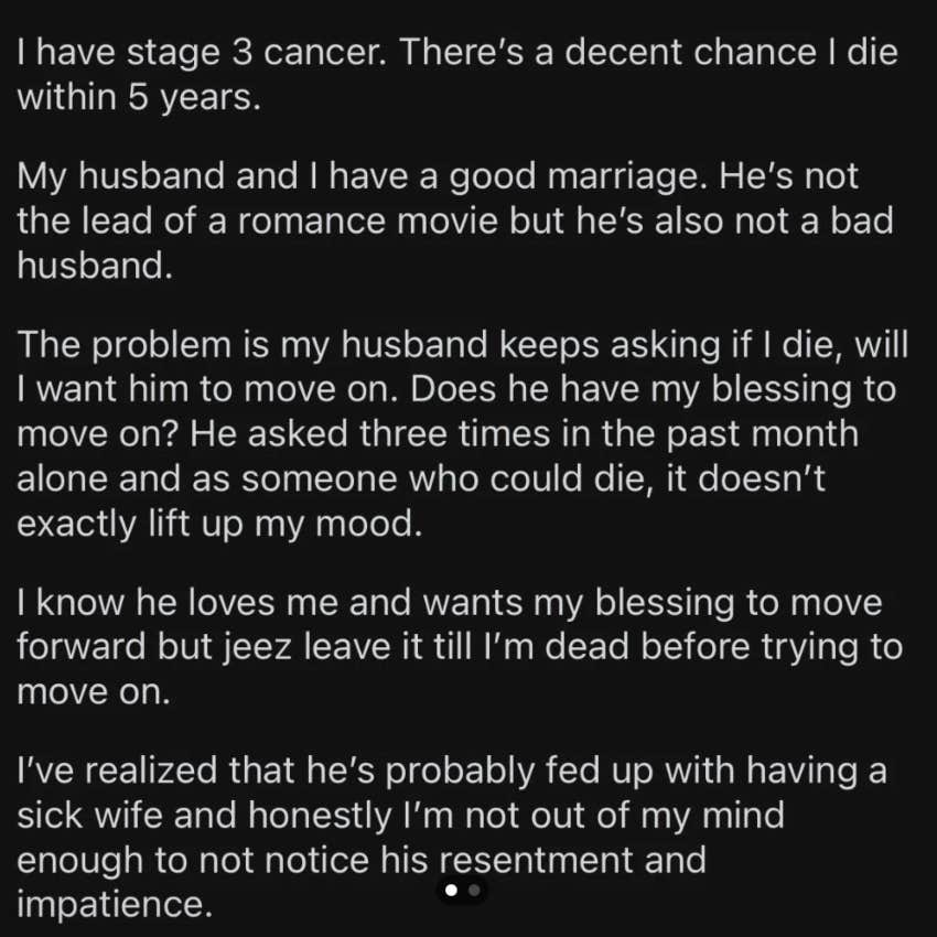 wife divorces husband after he asks for permission to move on with someone else when she dies