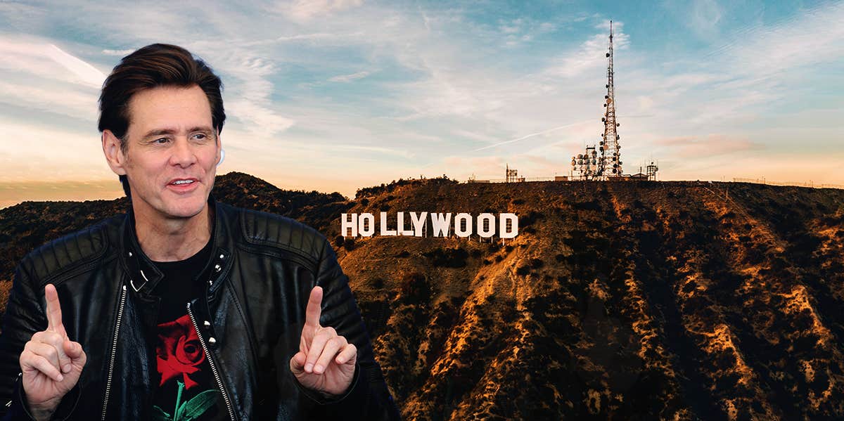 Jim Carrey in front of Hollywood sign