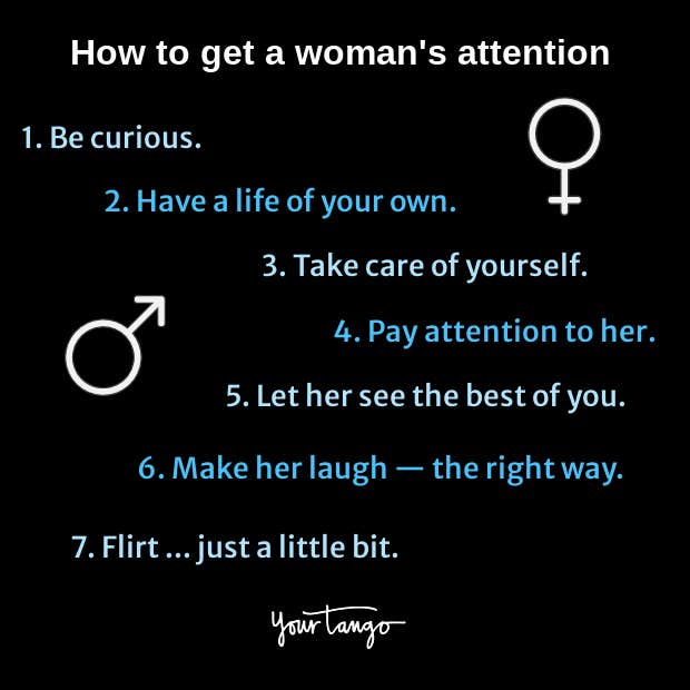 list of ways how to get a woman&#039;s attention on black background