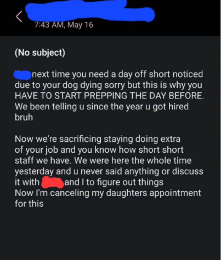 Employee Told They Should Have Prepped Earlier After Asking For The Day Off When Their Dog Died