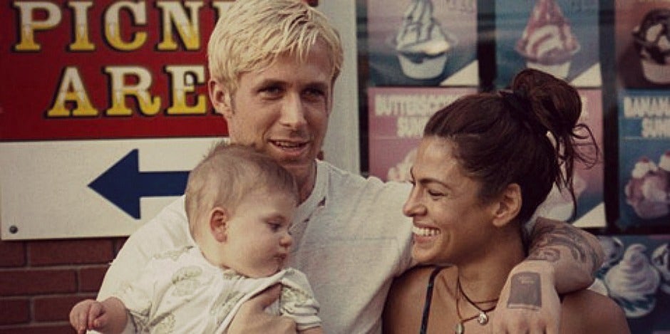 Eva Mendes & Ryan Gosling with baby on movie set