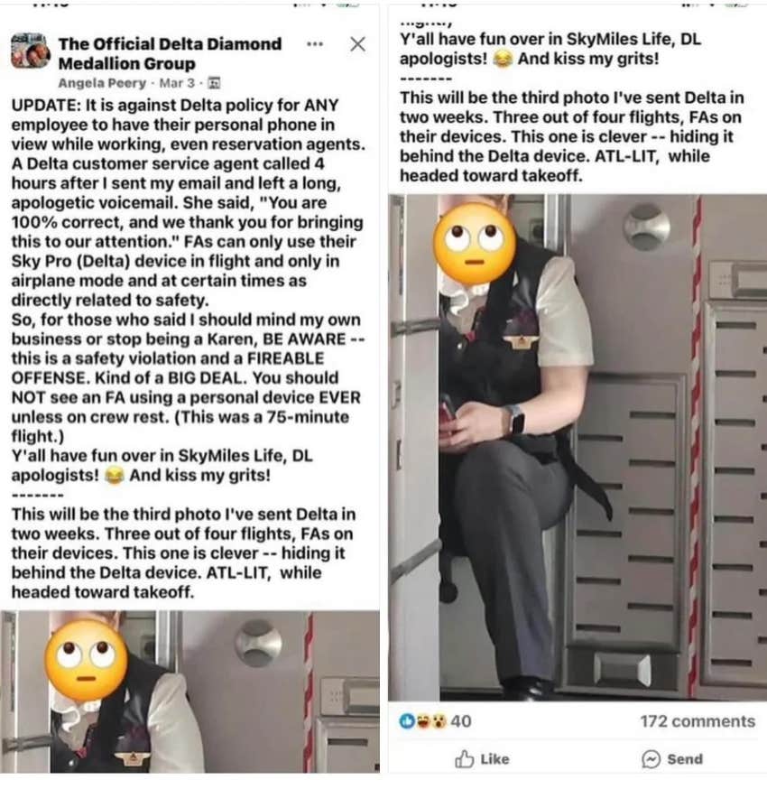 screenshot of facebook post complaining about flight attendants 