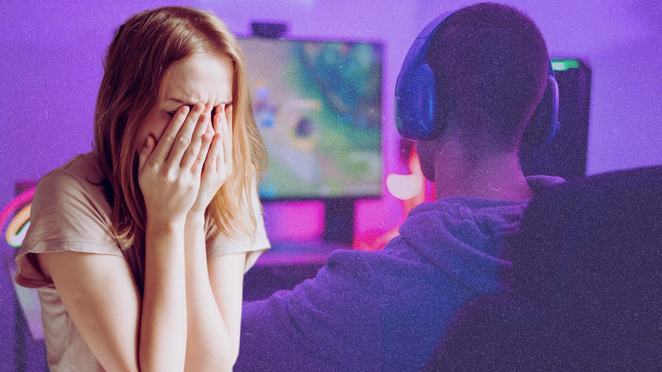 sad girlfriend crying and boyfriend playing video games