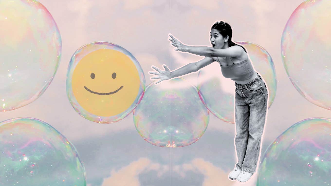 Woman with an aversion to happiness, treating it like a bubble 