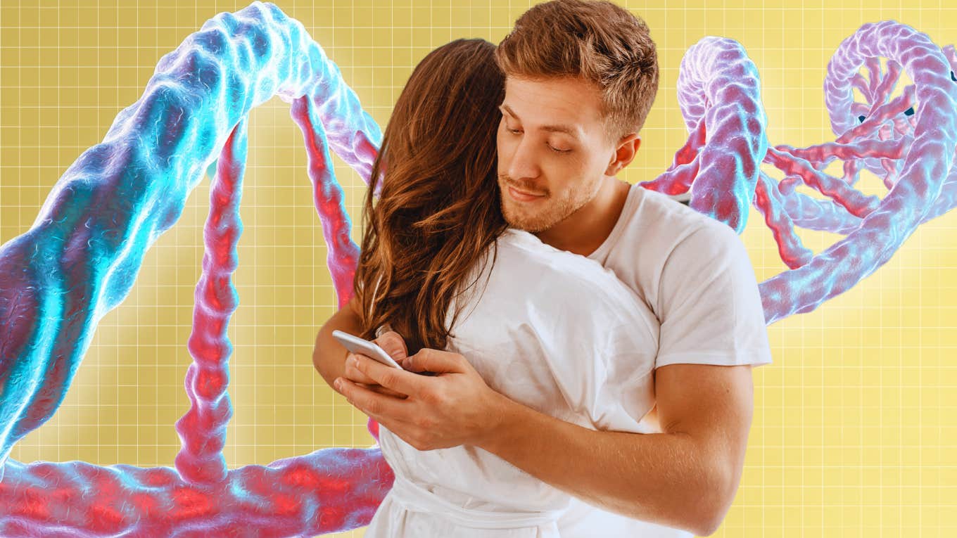 Man texting behind woman's back, DNA strand