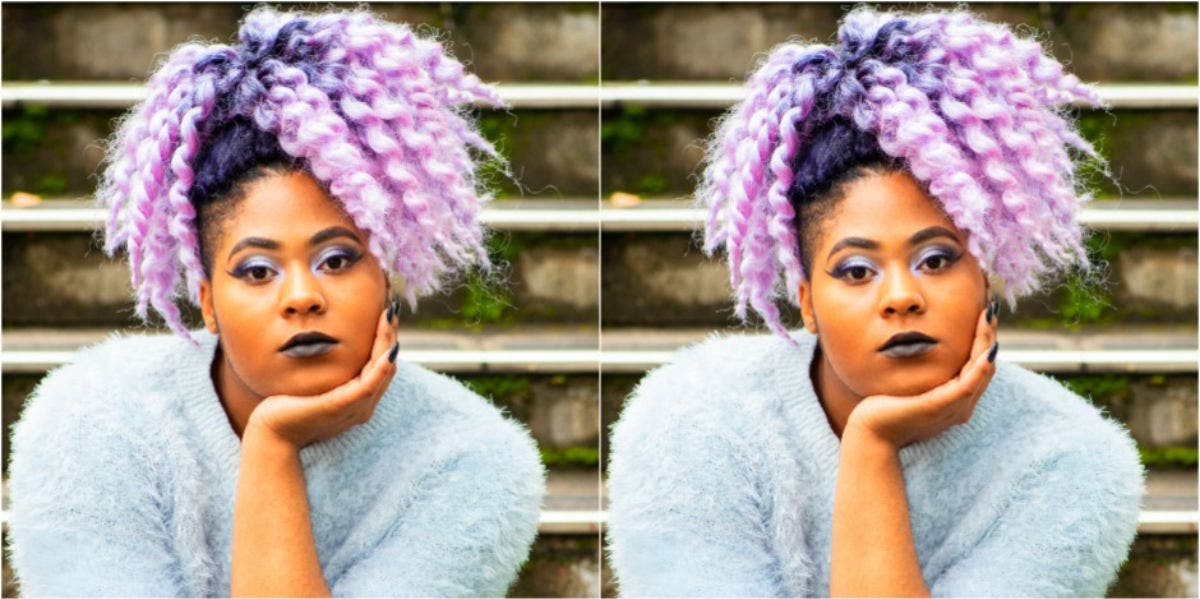 plus size woman with purple hair