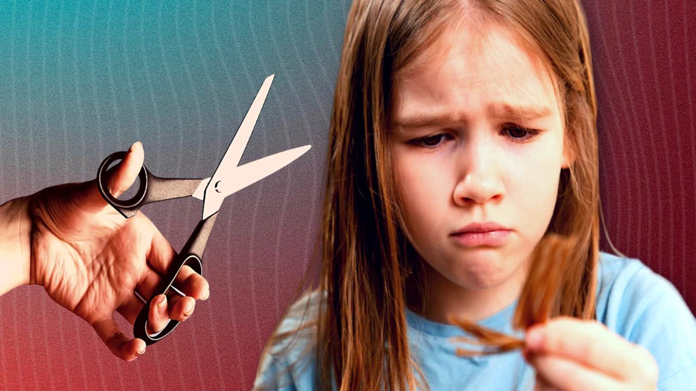 man with scissors about to cut girl's hair