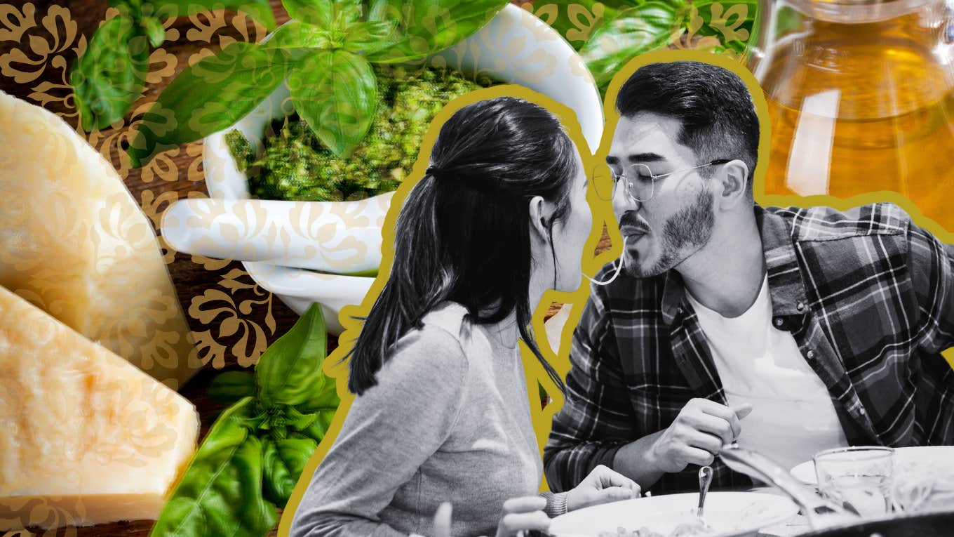Couple sharing a pesto meal, ingredients in the background