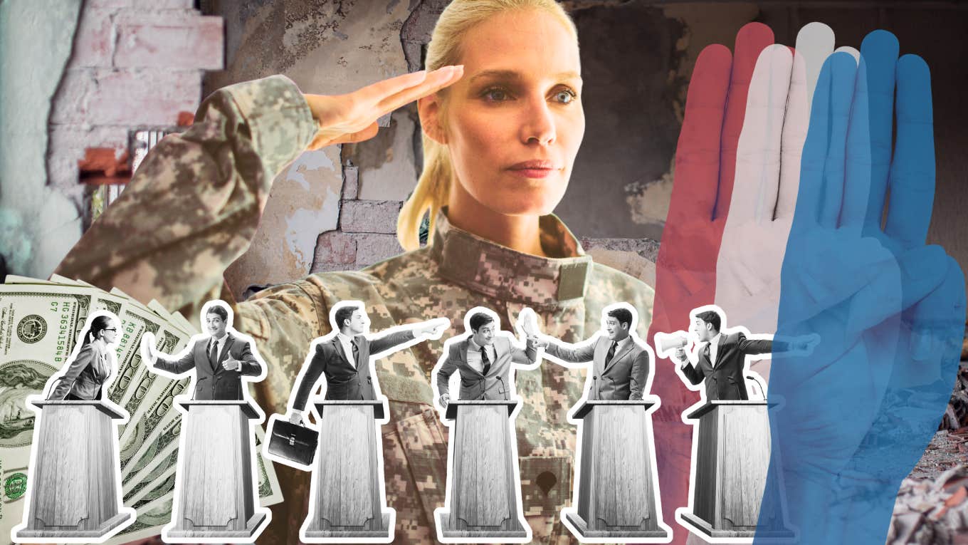 woman drafted to war, politicans fighting, greed and unity