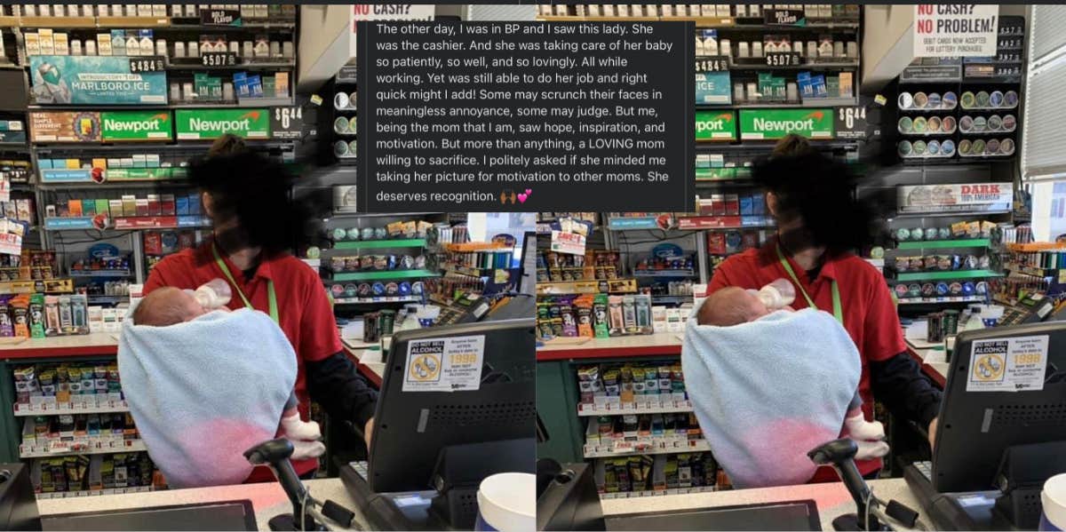 Photo Of Mom Working At Cash Register While Holding Baby Divides Social Media Users Mom working at register while holding baby