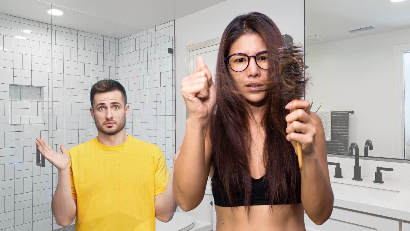 Woman clutching her hair and looking frustrated in front of confused husband. 