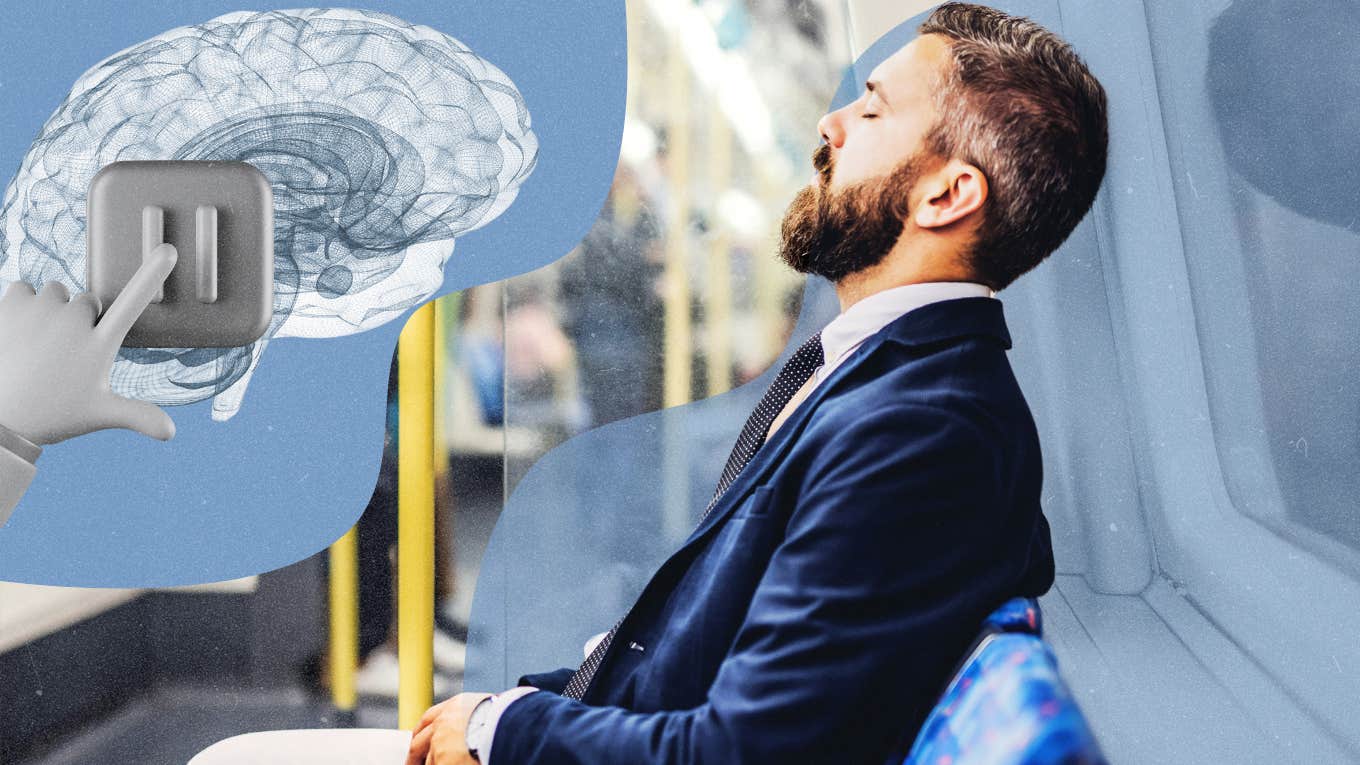 Fatigued man on a bus, pressing the pause button on brain