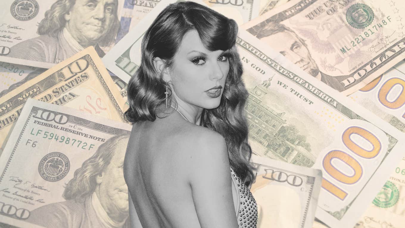 Taylor Swift in front of a money background. 