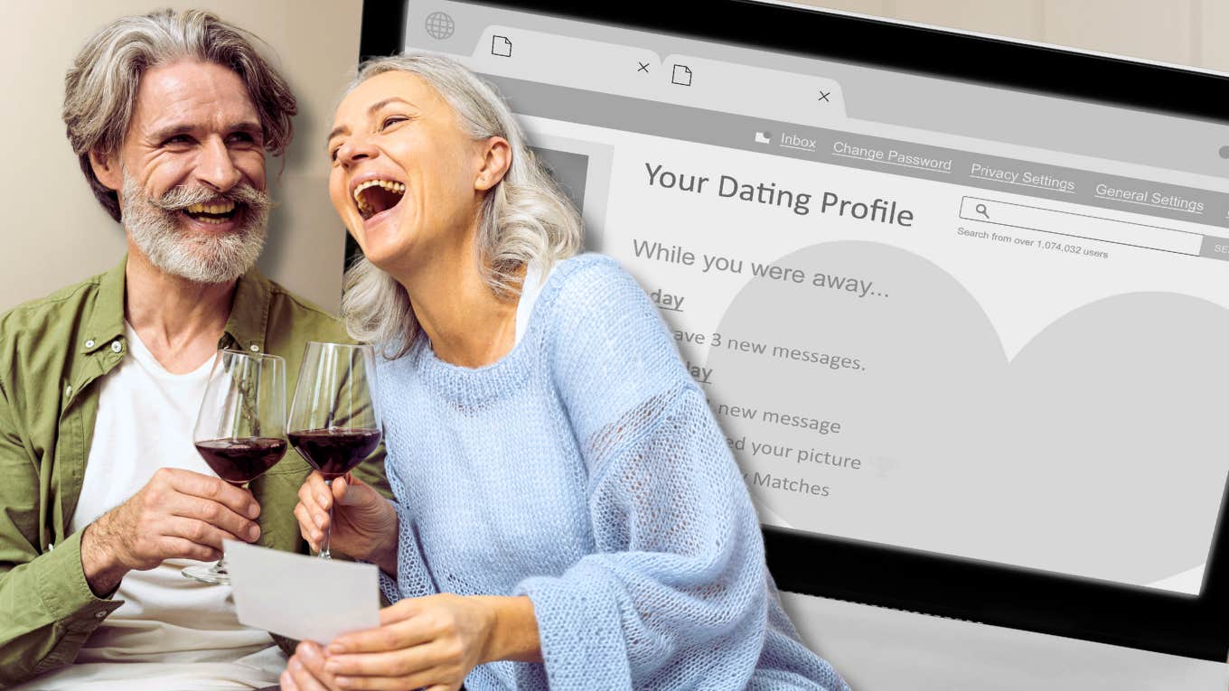 Mature couple having a glass of wine, online dating