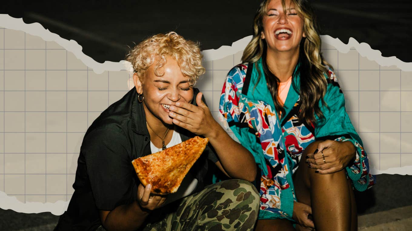 Friends being silly eating pizza 