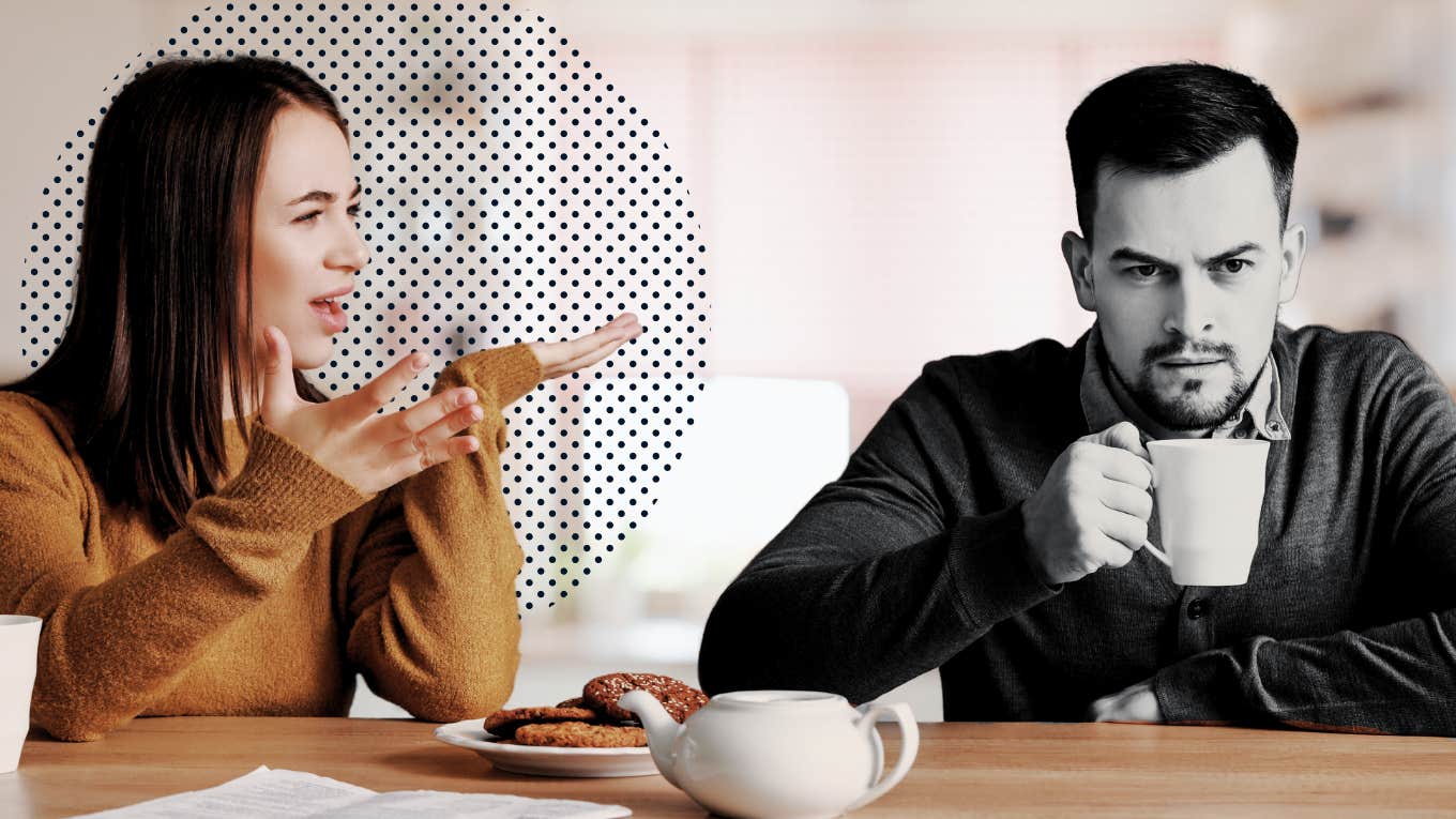 Woman saying all the wrong things to her partner over breakfast
