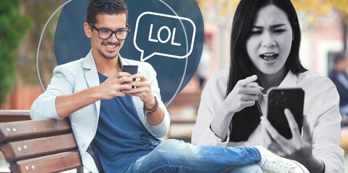 Man texting while sitting on a bench