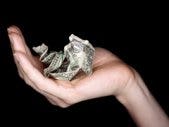 A woman holds a crumpled dollar bill.
