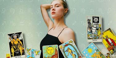 woman with zodiac signs and tarot cards for horoscope may 21, 2024