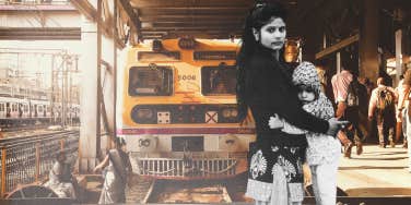 Indian woman and daughter at train station 
