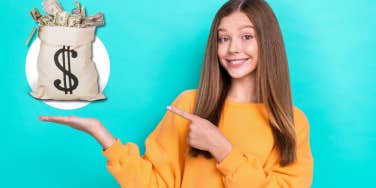 teen girl pointing at bag of money