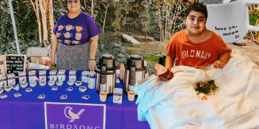Author selling tea, son in hospital bed