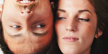 Overhead view of a couple's faces side by side illustrating the complexities of their relationship