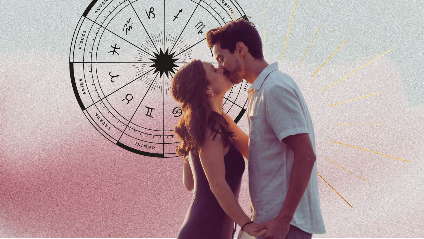 couple kissing and zodiac wheel