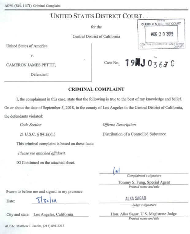 screenshot of criminal complaint against Cameron James Pettit