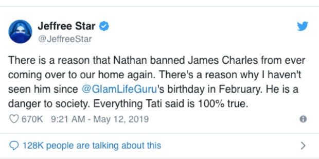 Jeffree Star tweet re James Charles and Tati Westbrook