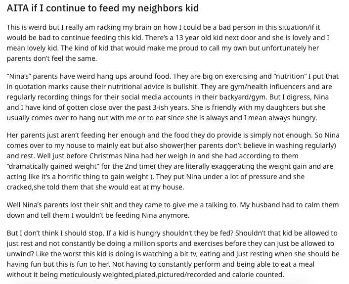 aita if i continue to feed my neighbors kid reddit post