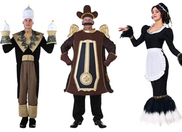Beauty and the Beast Lumiere costume, Cogsworth clock costume, Plumette feather duster costume