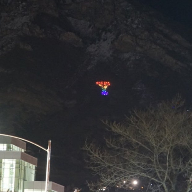 BYU Y lit up in rainbow pride