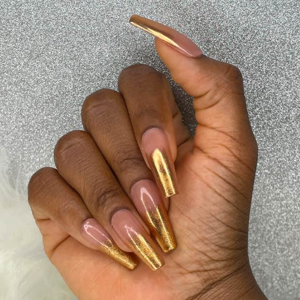 chrome nail ideas natural and gold