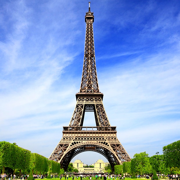 Visitors view the Eiffel Tower from up close