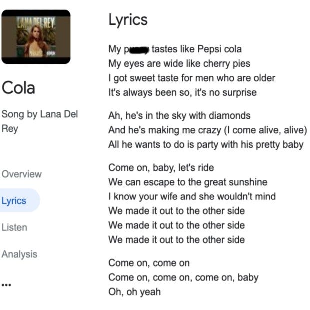Google Lana Del Rey Cola lyrics ah he&#039;s 2021