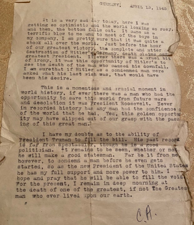 WWII veteran&#039;s letter on April 13, 1945