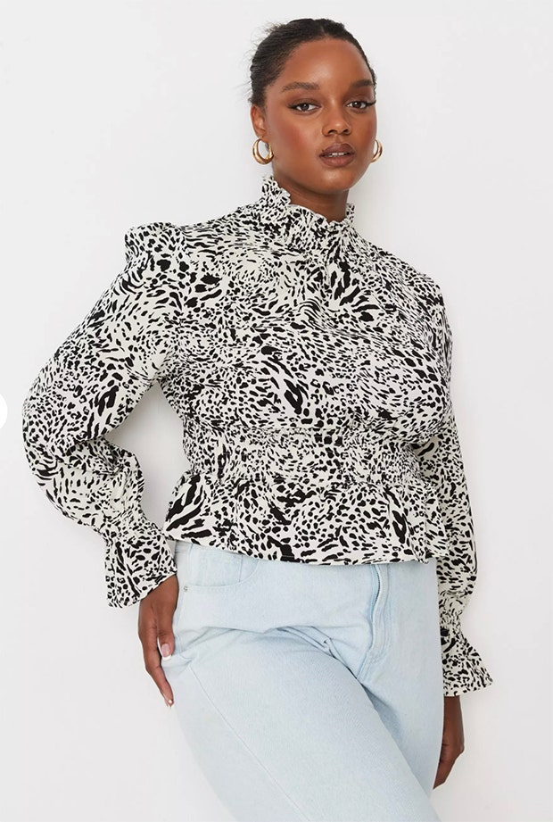 missguided plus size cream animal print frill neck shirred blouse
