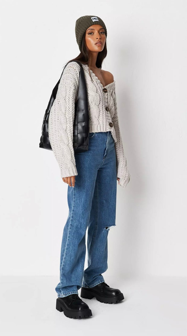 missguided recycled stone cropped hand knit cardigan