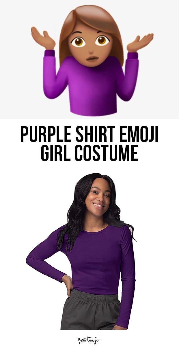 purple shirt emoji girl last minute halloween costumes