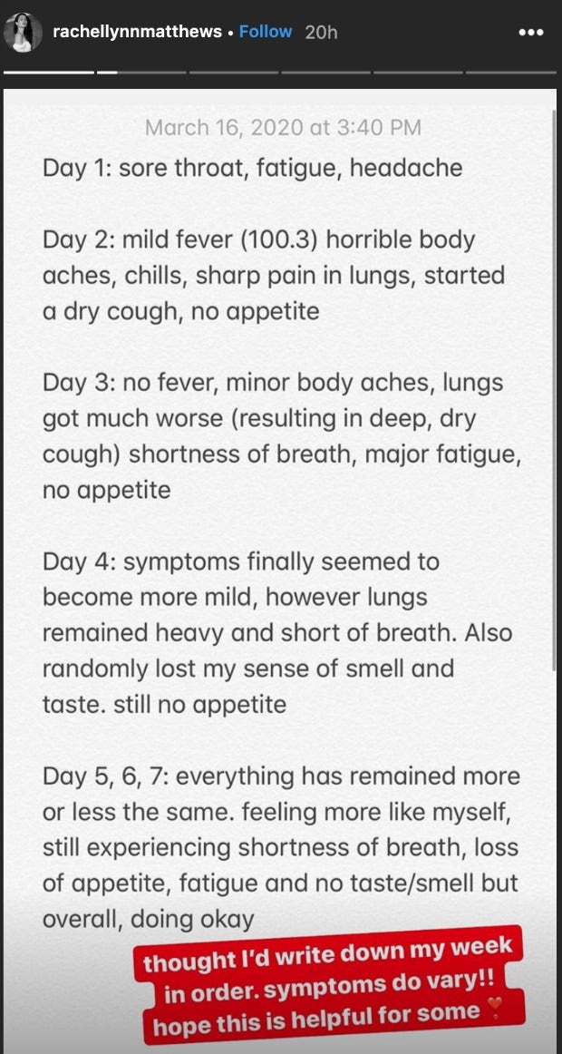 Rachel Matthews timeline of coronavirus symptoms