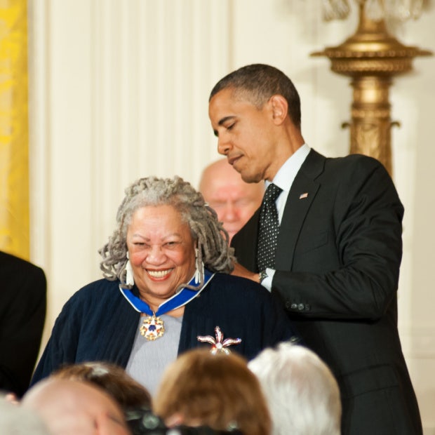 Toni Morrison receiving the Presidential Medal of Freedom from Barack Obama