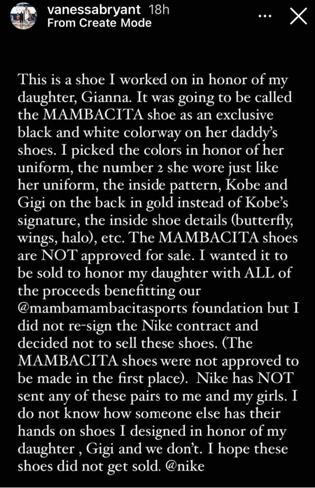Vanessa Bryant Instagram story Nike Mambacita shoes