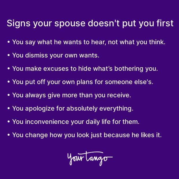 list of signs your spouse doesnt put you first in white font on purple background