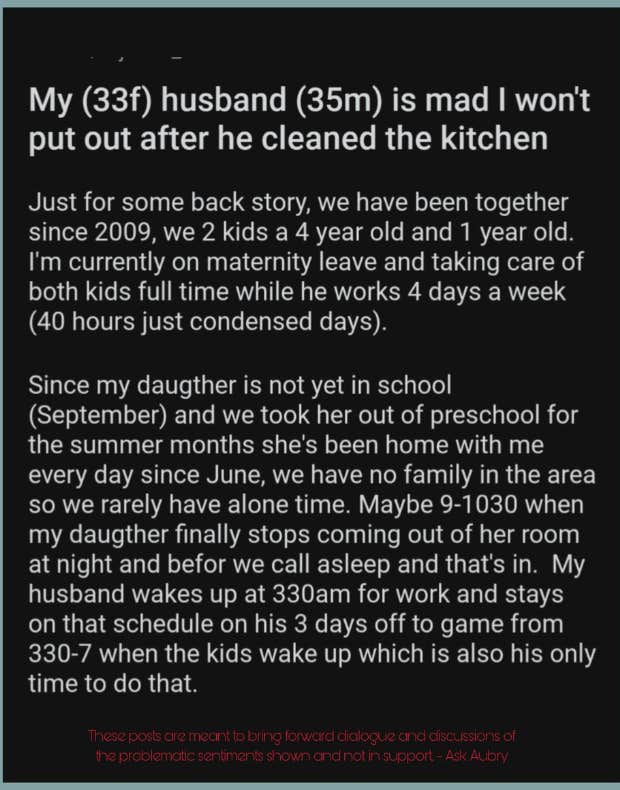 reddit post about woman whose husband wants a sexual reward for housework