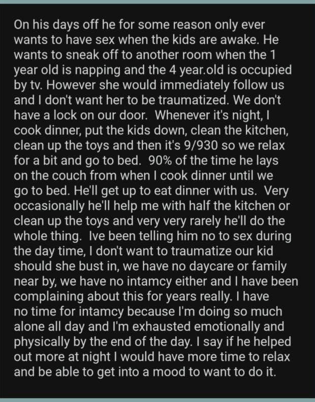 reddit post about woman whose husband wants a sexual reward for housework