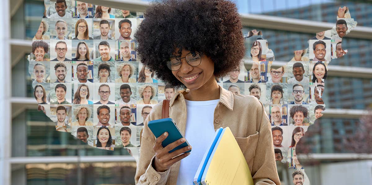 Happy Black girl scroll dating app on cell phone device on university campus background.