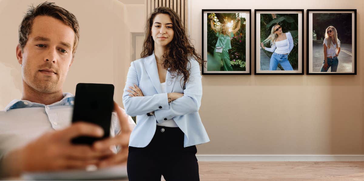 woman proudly displaying her husbands ex in frames in their hallway