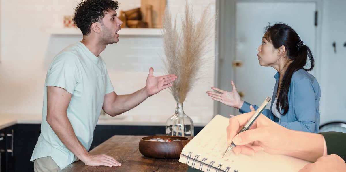 couple arguing in kitchen, therapist taking notes