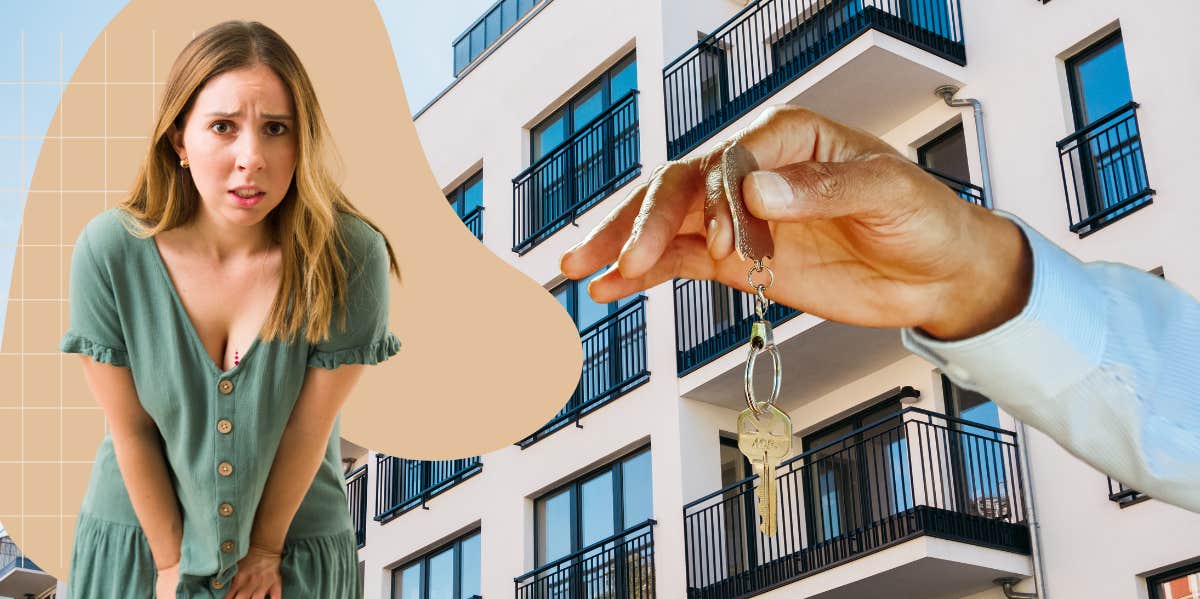 woman with a frightened expression as man hands out key to apartment
